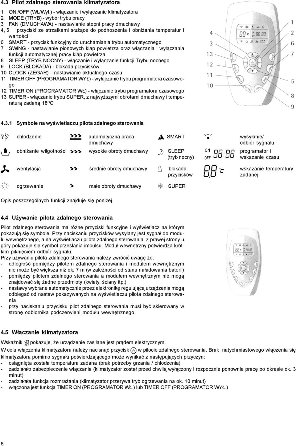 temperatur i wartoœci 6 SMART - przycisk funkcyjny do uruchamiania trybu automatycznego 7 SWING - nastawianie pionowych klap powietrza oraz w³¹czania i wy³¹czania funkcji automatycznej pracy klap