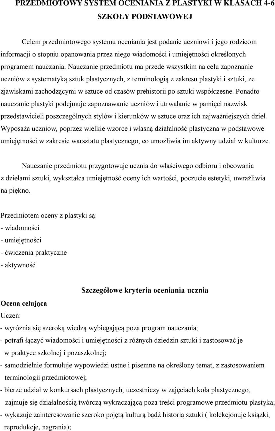 Nauczanie przedmiotu ma przede wszystkim na celu zapoznanie uczniów z systematyką sztuk plastycznych, z terminologią z zakresu plastyki i sztuki, ze zjawiskami zachodzącymi w sztuce od czasów