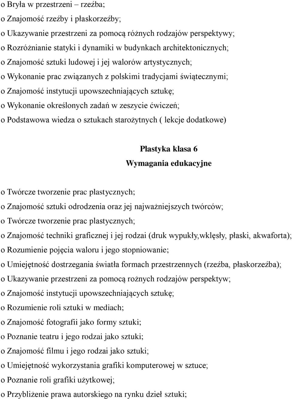 lekcje dodatkowe) Plastyka klasa 6 o Znajomość sztuki odrodzenia oraz jej najważniejszych twórców; o Znajomość techniki graficznej i jej rodzai (druk wypukły,wklęsły, płaski, akwaforta); o Rozumienie