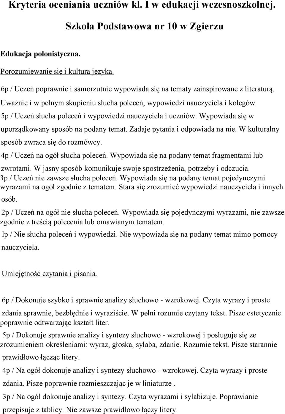 5p / Uczeń słucha poleceń i wypowiedzi nauczyciela i uczniów. Wypowiada się w uporządkowany sposób na podany temat. Zadaje pytania i odpowiada na nie. W kulturalny sposób zwraca się do rozmówcy.