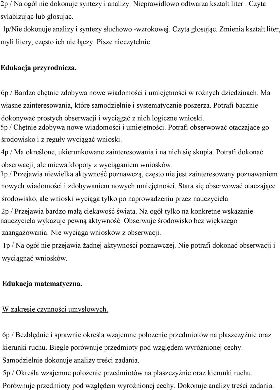 Ma własne zainteresowania, które samodzielnie i systematycznie poszerza. Potrafi bacznie dokonywać prostych obserwacji i wyciągać z nich logiczne wnioski.