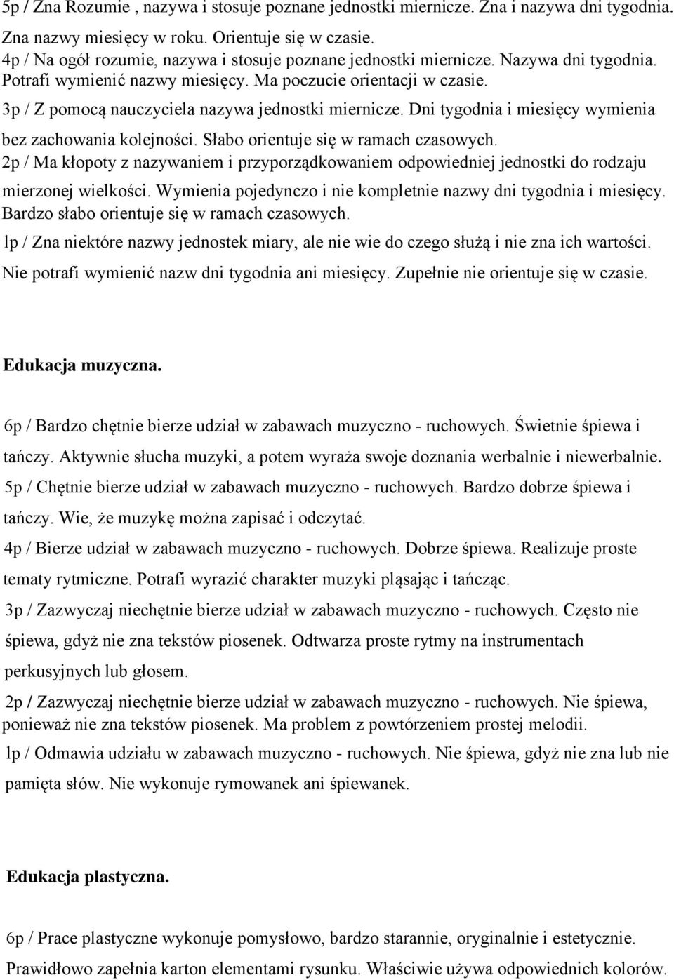 3p / Z pomocą nauczyciela nazywa jednostki miernicze. Dni tygodnia i miesięcy wymienia bez zachowania kolejności. Słabo orientuje się w ramach czasowych.