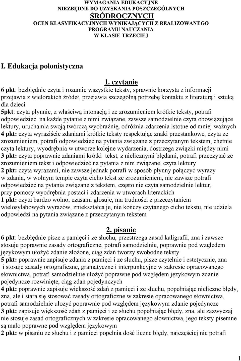 5pkt: czyta płynnie, z właściwą intonacją i ze zrozumieniem krótkie teksty, potrafi odpowiedzieć na każde pytanie z nimi związane, zawsze samodzielnie czyta obowiązujące lektury, uruchamia swoją