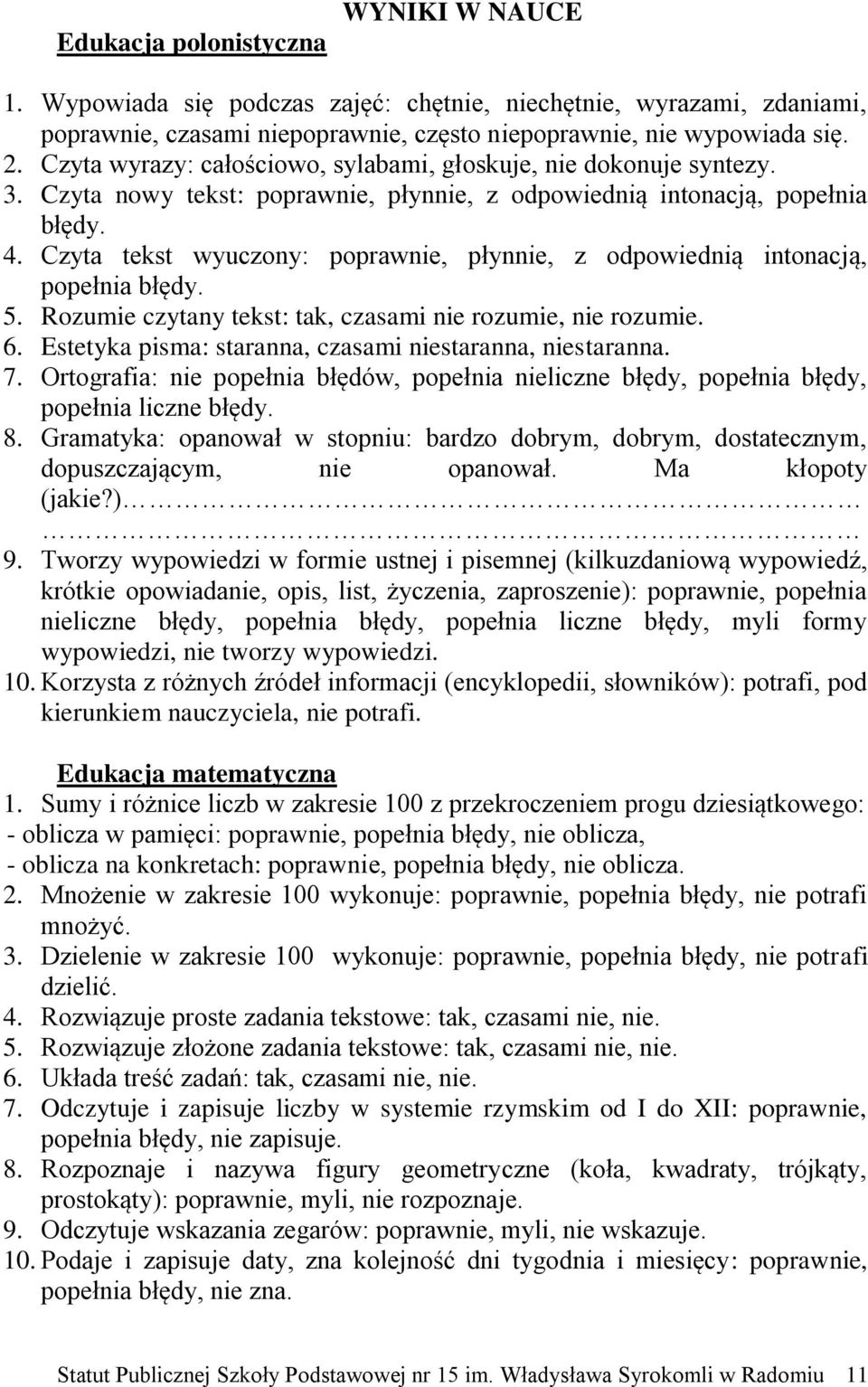 Czyta tekst wyuczony: poprawnie, płynnie, z odpowiednią intonacją, popełnia błędy. 5. Rozumie czytany tekst: tak, czasami nie rozumie, nie rozumie. 6.