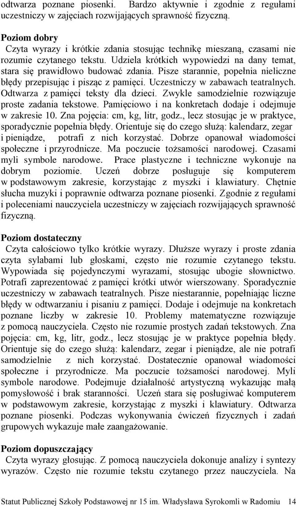 Pisze starannie, popełnia nieliczne błędy przepisując i pisząc z pamięci. Uczestniczy w zabawach teatralnych. Odtwarza z pamięci teksty dla dzieci.