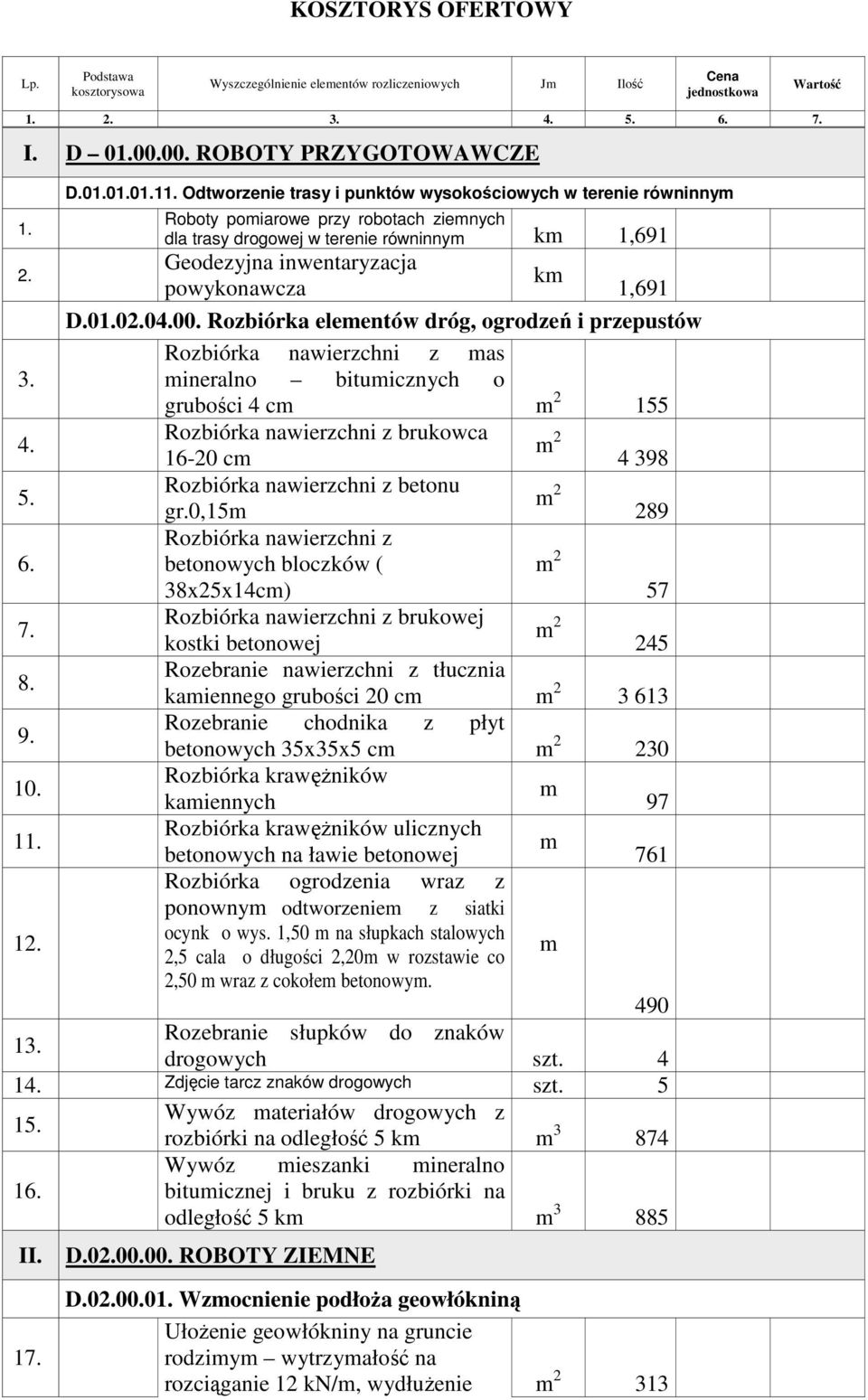 01.02.04.00. Rozbiórka eleentów dróg, ogrodzeń i przepustów Rozbiórka nawierzchni z as 3. ineralno bituicznych o grubości 4 c 155 4. Rozbiórka nawierzchni z brukowca 16-20 c 4 398 5.