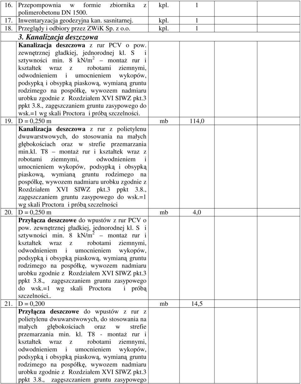 D = 0,250 m mb 114,0 Kanalizacja deszczowa z rur z polietylenu dwuwarstwowych, do stosowania na małych głębokościach oraz w strefie przemarzania min.kl.