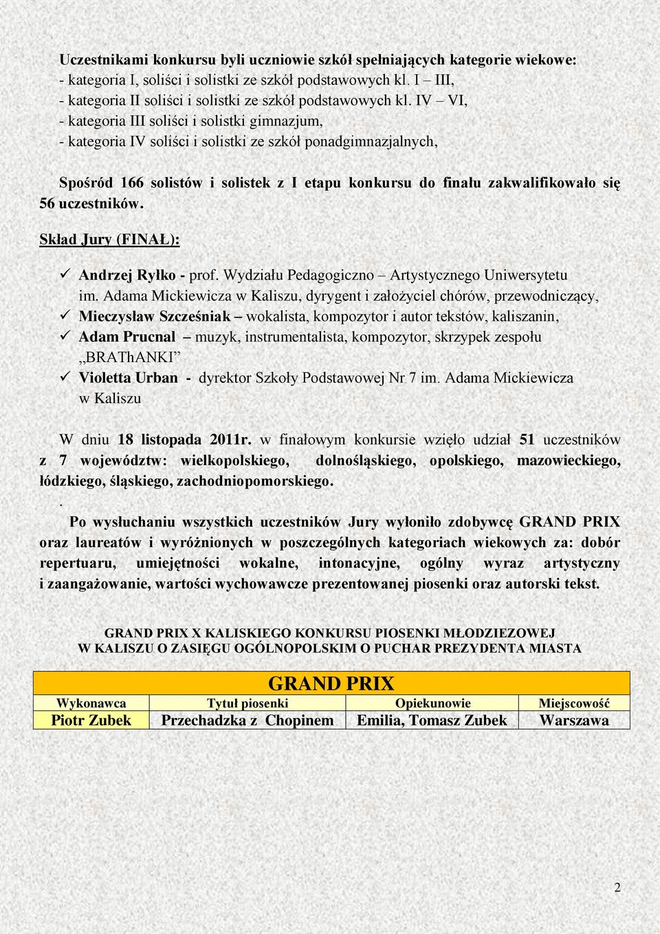 IV VI, - kategoria III soliści i solistki gimnazjum, - kategoria IV soliści i solistki ze szkół ponadgimnazjalnych, Spośród 166 solistów i solistek z I etapu konkursu do finału zakwalifikowało się 56