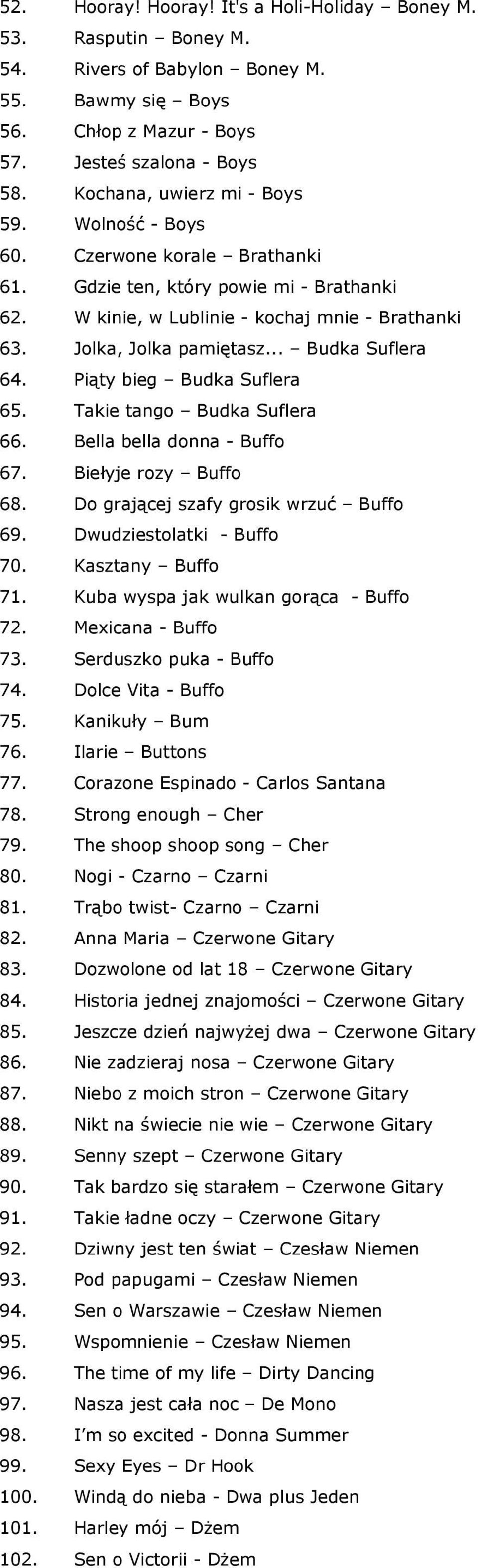 .. Budka Suflera 64. Piąty bieg Budka Suflera 65. Takie tango Budka Suflera 66. Bella bella donna - Buffo 67. Biełyje rozy Buffo 68. Do grającej szafy grosik wrzuć Buffo 69.