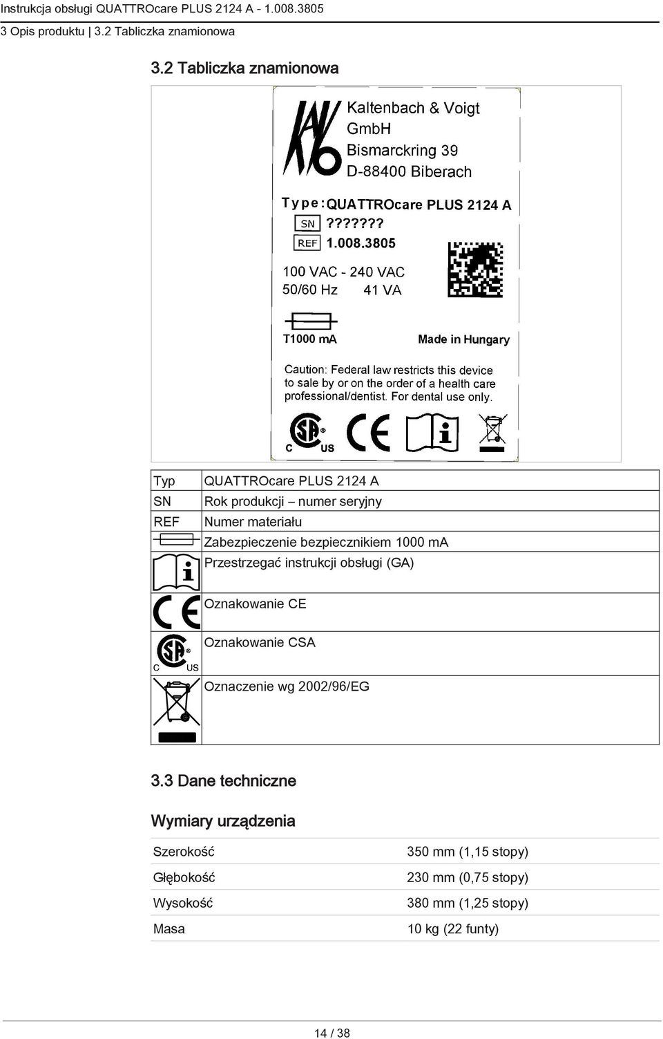Zabezpieczenie bezpiecznikiem 1000 ma Przestrzegać instrukcji obsługi (GA) Oznakowanie CE Oznakowanie CSA
