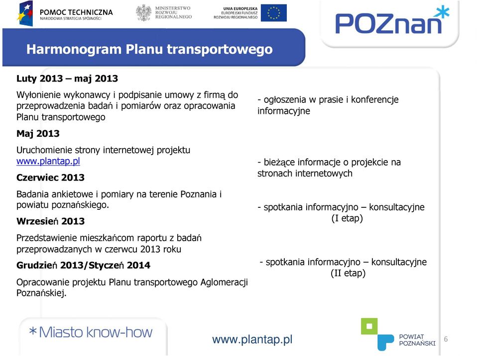 Wrzesień 2013 Przedstawienie mieszkańcom raportu z badań przeprowadzanych w czerwcu 2013 roku Grudzień 2013/Styczeń 2014 Opracowanie projektu Planu transportowego Aglomeracji