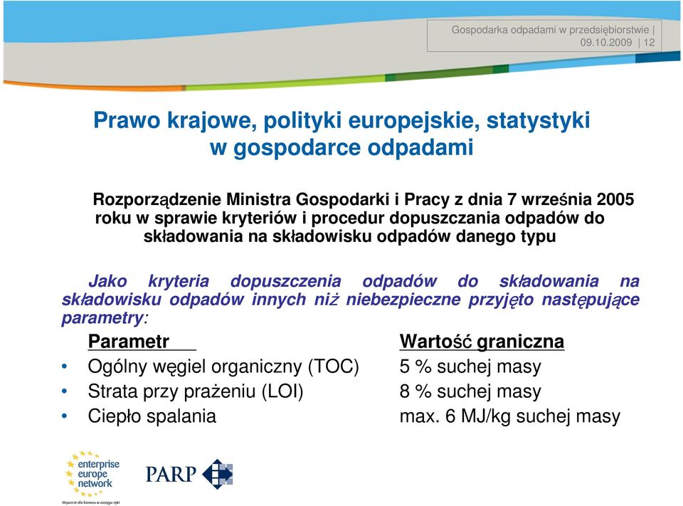 września 2005 roku w sprawie kryteriów i procedur dopuszczania odpadów do składowania na składowisku odpadów danego typu Jako kryteria