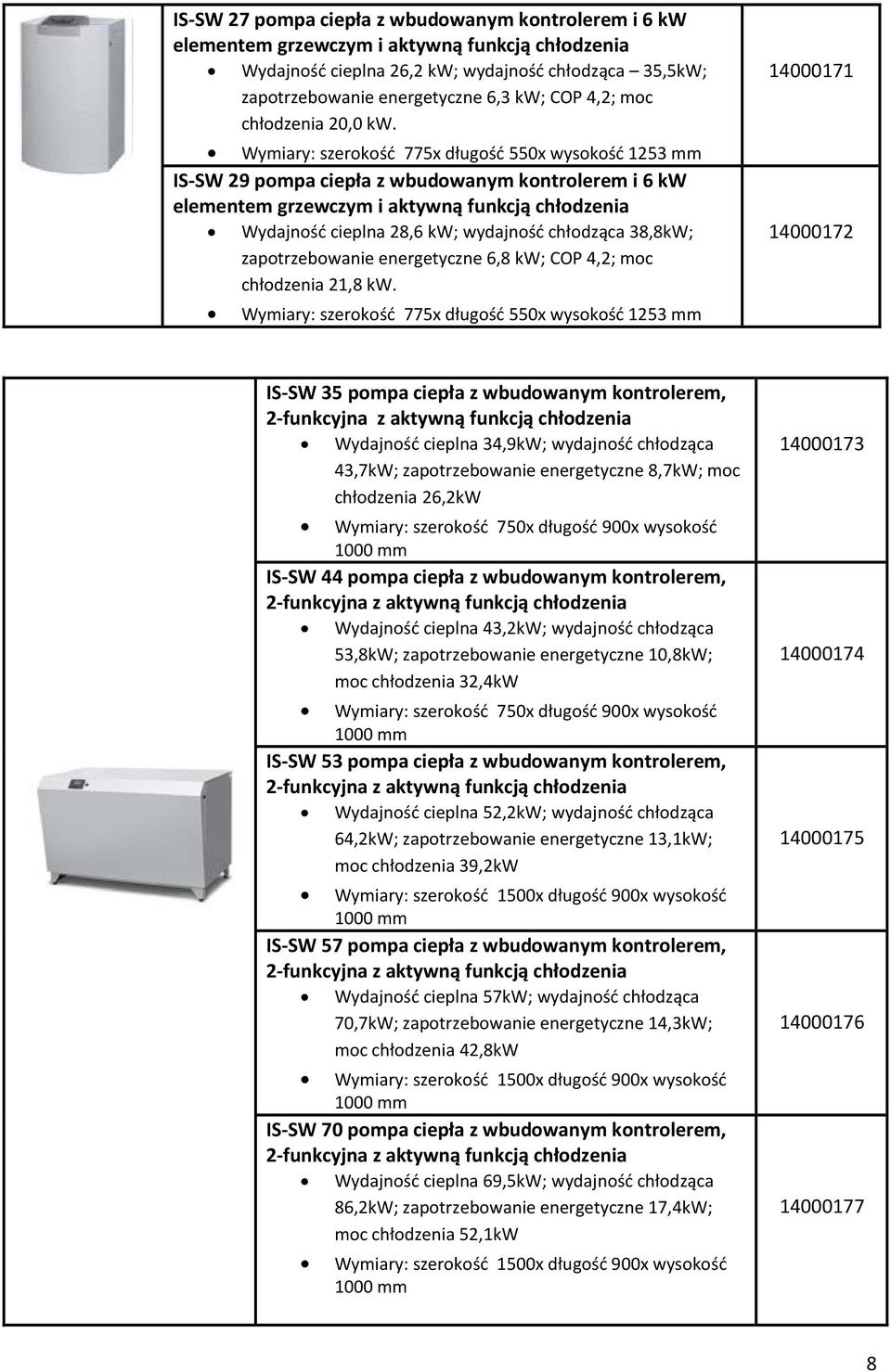 Wymiary: szerokość 775x długość 550x wysokość 1253 mm IS-SW 29 pompa ciepła z wbudowanym kontrolerem i 6 kw elementem grzewczym i aktywną funkcją chłodzenia Wydajność cieplna 28,6 kw; wydajność