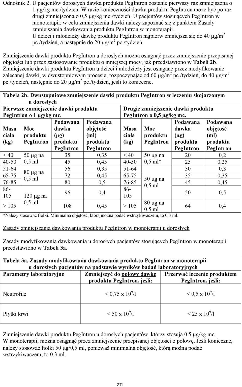 U pacjentów stosujących PegIntron w monoterapii: w celu zmniejszenia dawki należy zapoznać się z punktem Zasady zmniejszania dawkowania produktu PegIntron w monoterapii.