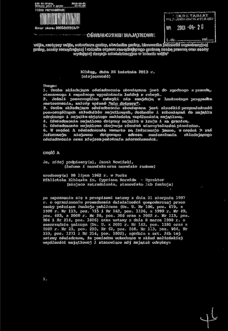 decyzje administracyjne w imieniu wójta 1 Elbląg, dnia 26 kwietnia 2013 r. (miejscowość) Uwaga: 1.