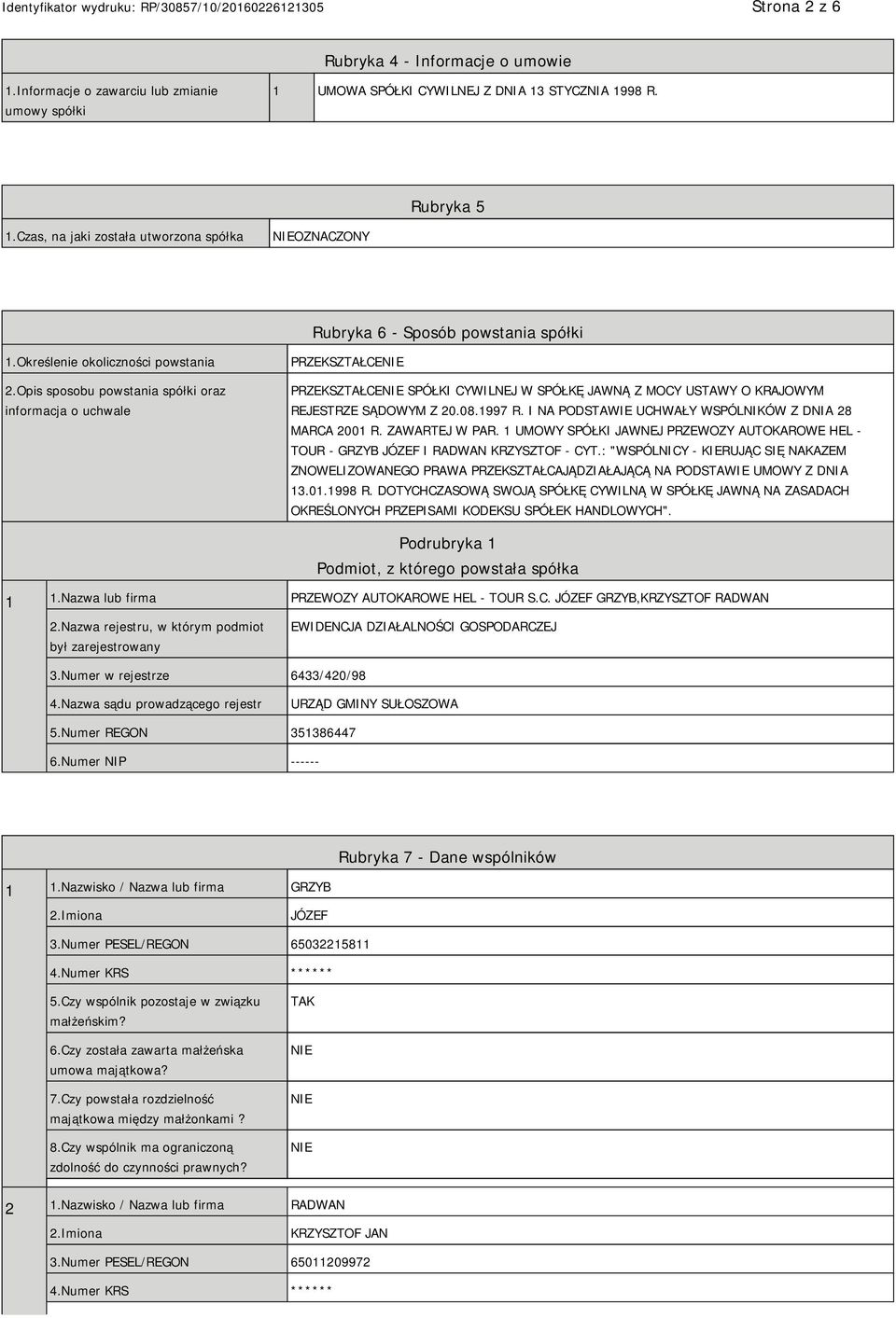 Opis sposobu powstania spółki oraz informacja o uchwale PRZEKSZTAŁCE PRZEKSZTAŁCE SPÓŁKI CYWILNEJ W SPÓŁKĘ JAWNĄ Z MOCY USTAWY O KRAJOWYM REJESTRZE SĄDOWYM Z 20.08.1997 R.