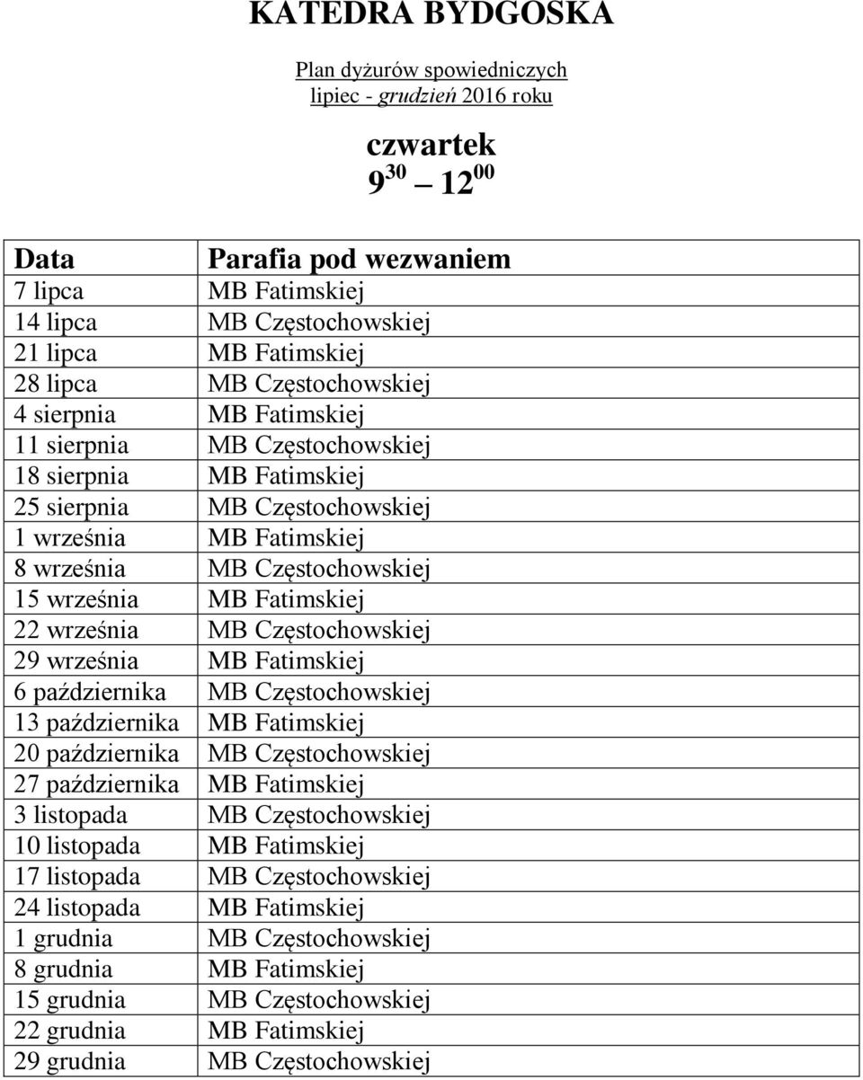 października MB Częstochowskiej 13 października MB Fatimskiej 20 października MB Częstochowskiej 27 października MB Fatimskiej 3 listopada MB Częstochowskiej 10 listopada MB Fatimskiej 17