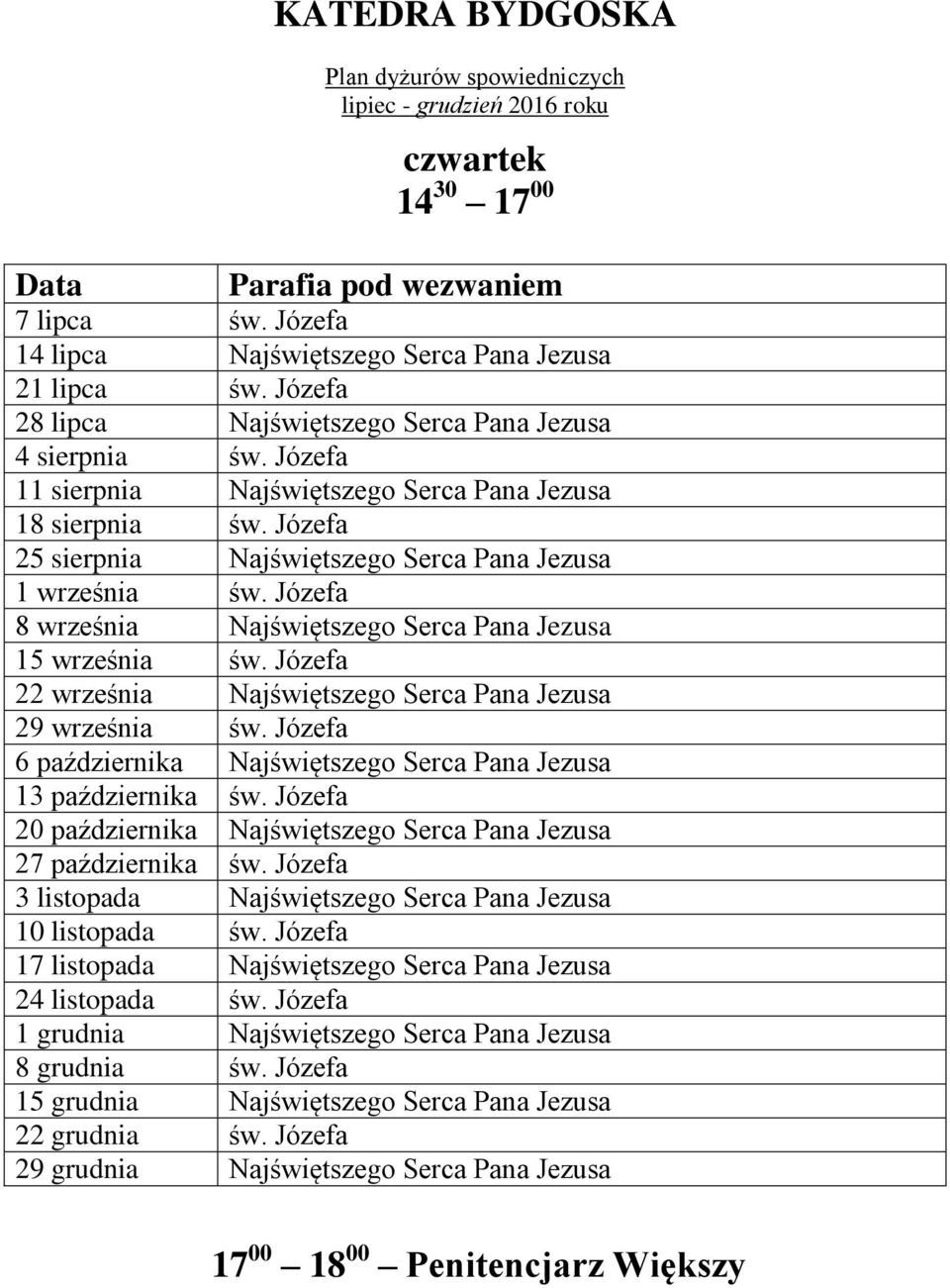 Józefa 22 września Najświętszego Serca Pana Jezusa 29 września św. Józefa 6 października Najświętszego Serca Pana Jezusa 13 października św.