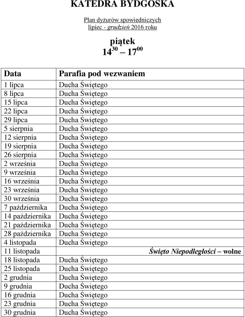 września Ducha Świętego 7 października Ducha Świętego 14 października Ducha Świętego 21 października Ducha Świętego 28 października Ducha Świętego 4 listopada Ducha Świętego 11 listopada Święto