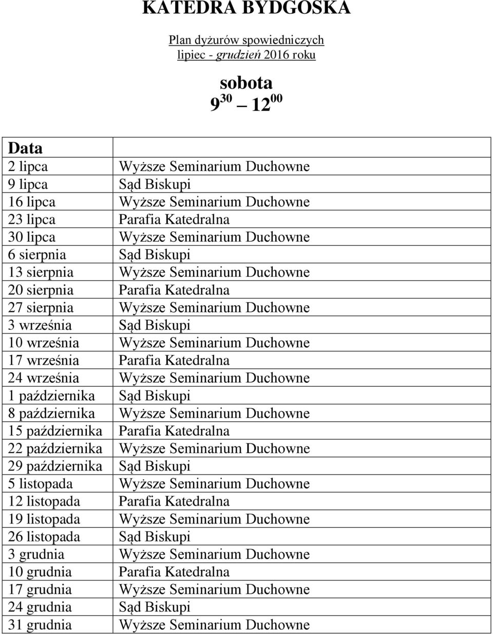 Katedralna 24 września Wyższe Seminarium Duchowne 1 października Sąd Biskupi 8 października Wyższe Seminarium Duchowne 15 października Parafia Katedralna 22 października Wyższe Seminarium Duchowne 29