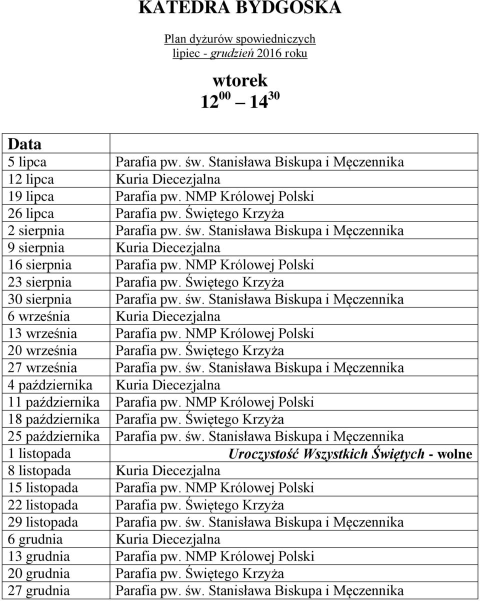 Świętego Krzyża 30 sierpnia Parafia pw. św. Stanisława Biskupa i Męczennika 6 września Kuria Diecezjalna 13 września Parafia pw. NMP Królowej Polski 20 września Parafia pw.