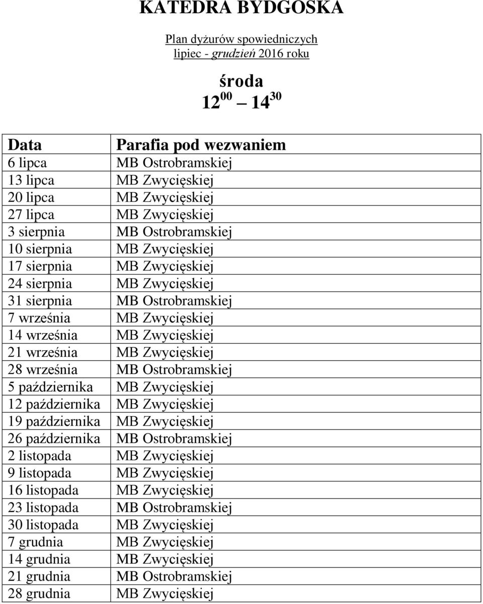 października MB Zwycięskiej 12 października MB Zwycięskiej 19 października MB Zwycięskiej 26 października MB Ostrobramskiej 2 listopada MB Zwycięskiej 9 listopada MB Zwycięskiej 16