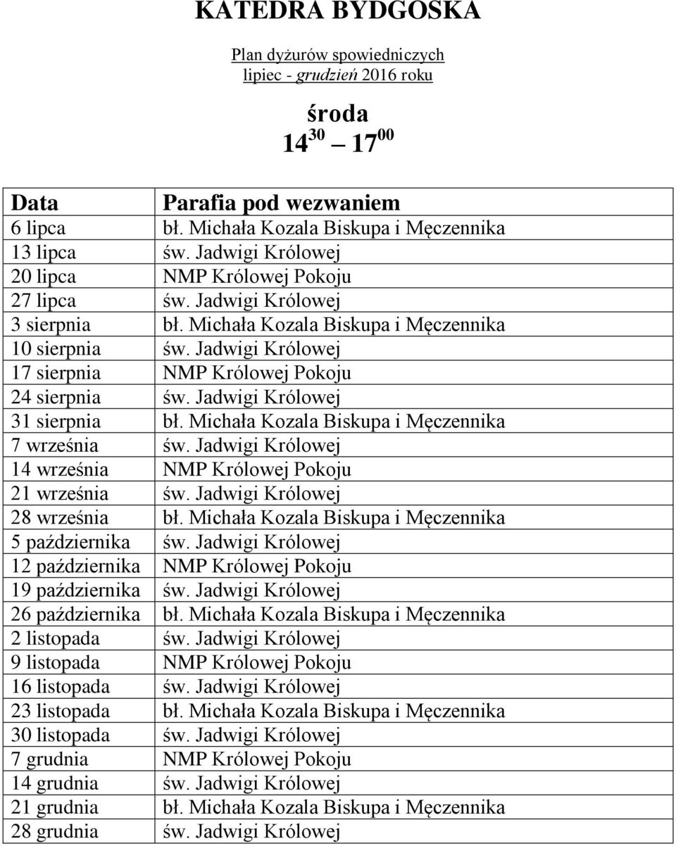 Jadwigi Królowej 14 września NMP Królowej Pokoju 21 września św. Jadwigi Królowej 28 września bł. Michała Kozala Biskupa i Męczennika 5 października św.