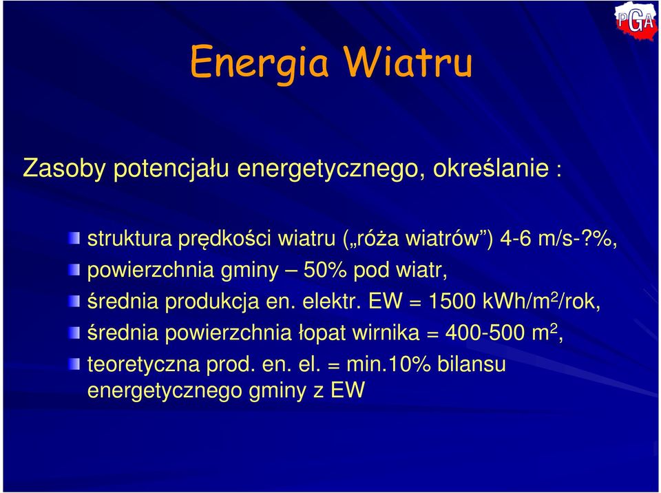 %, powierzchnia gminy 50% pod wiatr, średnia produkcja en. elektr.