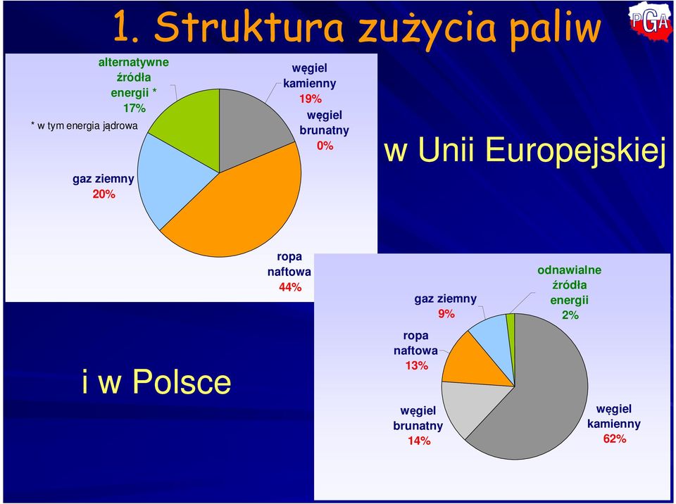 Unii Europejskiej i w Polsce ropa naftowa 44% gaz ziemny 9% ropa
