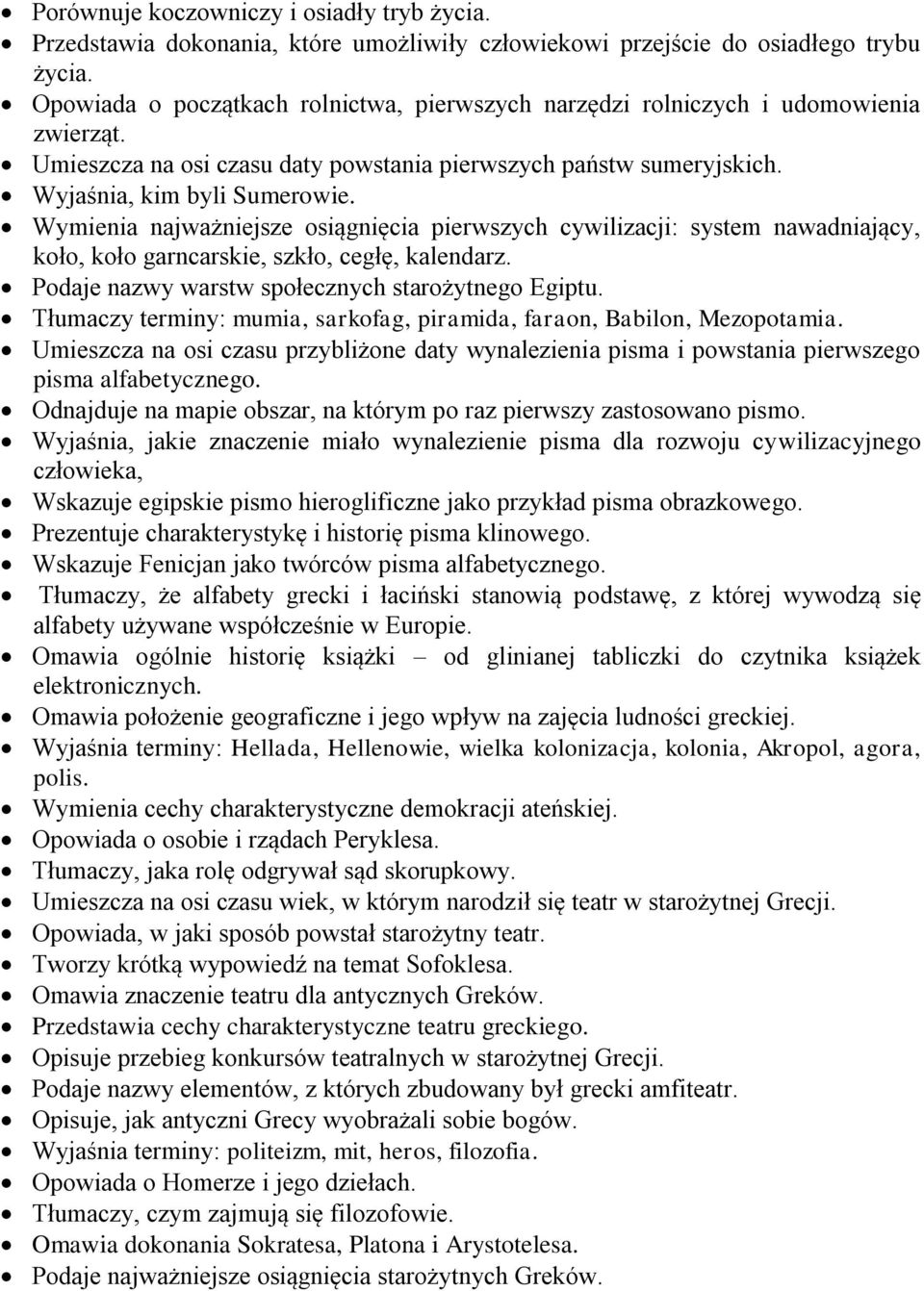 Wymienia najważniejsze osiągnięcia pierwszych cywilizacji: system nawadniający, koło, koło garncarskie, szkło, cegłę, kalendarz. Podaje nazwy warstw społecznych starożytnego Egiptu.