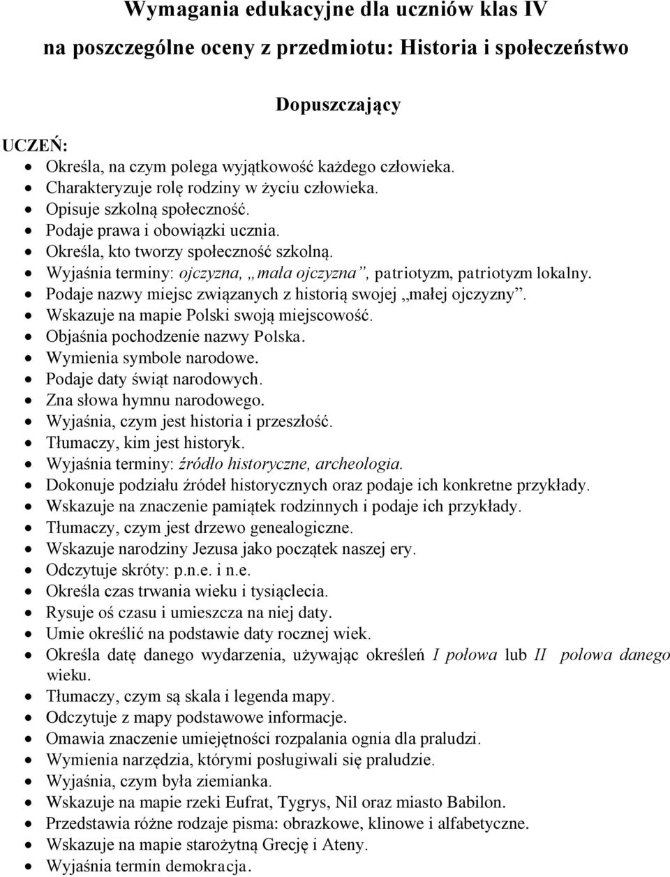 Wyjaśnia terminy: ojczyzna, mała ojczyzna, patriotyzm, patriotyzm lokalny. Podaje nazwy miejsc związanych z historią swojej małej ojczyzny. Wskazuje na mapie Polski swoją miejscowość.