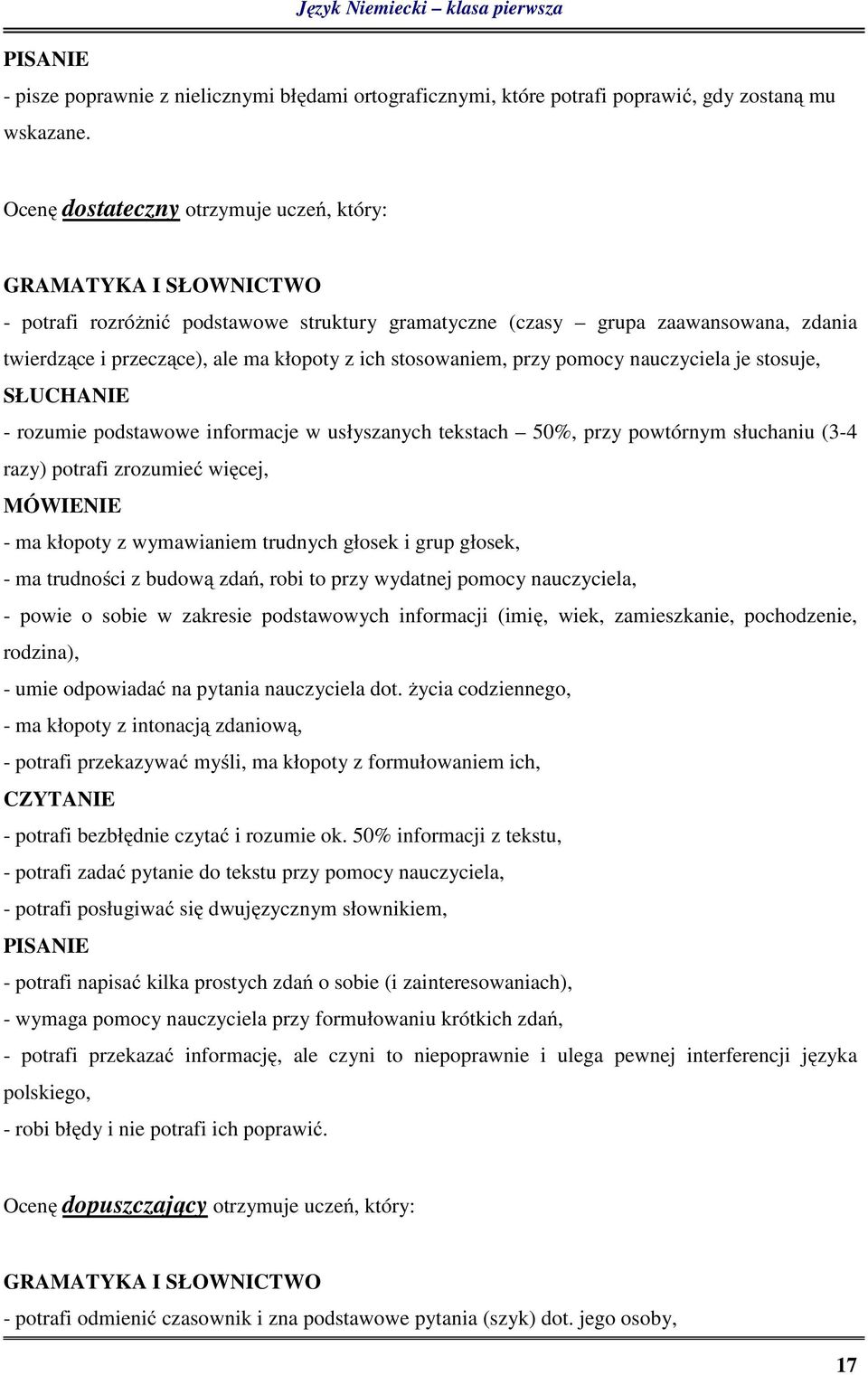 stosowaniem, przy pomocy nauczyciela je stosuje, SŁUCHANIE - rozumie podstawowe informacje w usłyszanych tekstach 50%, przy powtórnym słuchaniu (3-4 razy) potrafi zrozumieć więcej, MÓWIENIE - ma