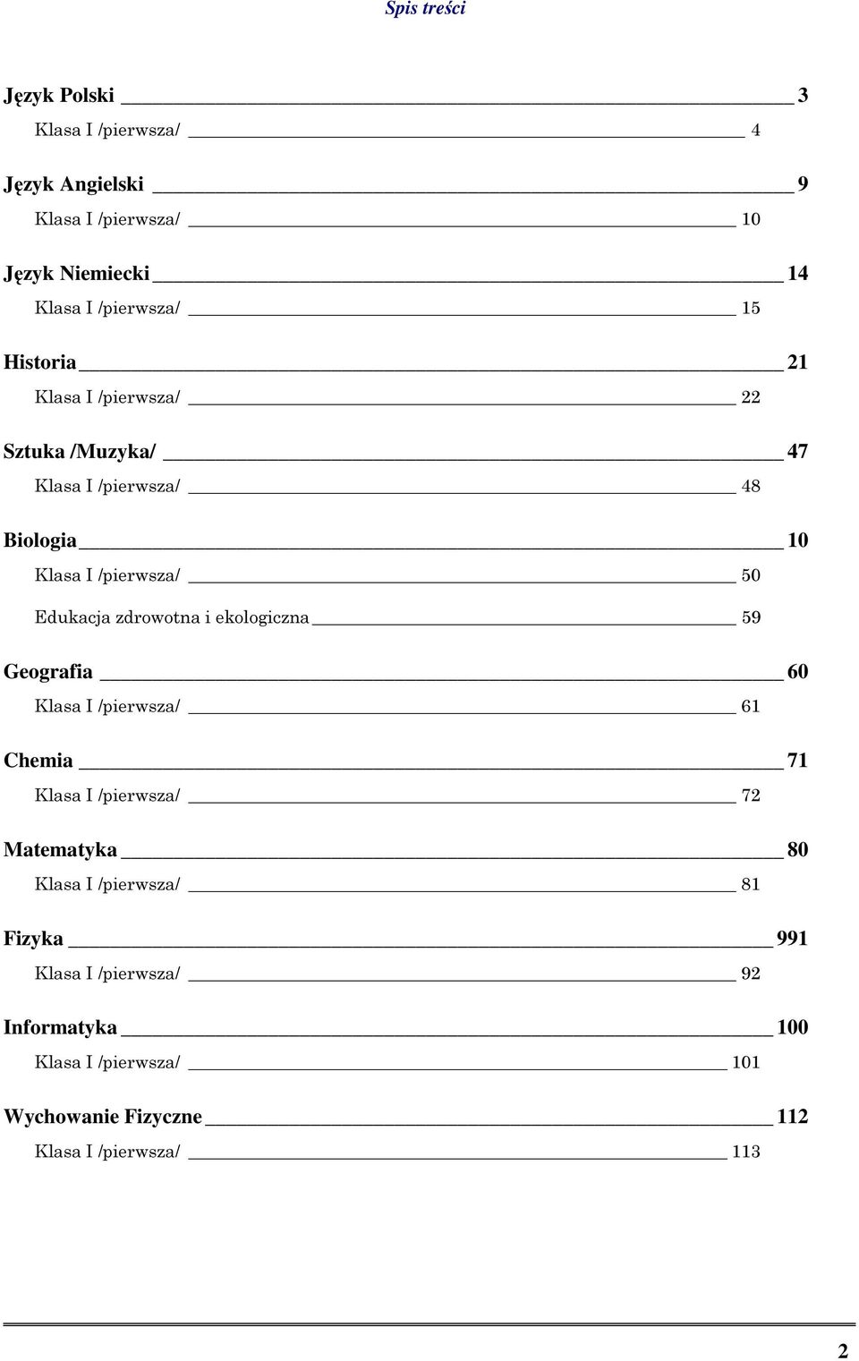 Edukacja zdrowotna i ekologiczna 59 Geografia 60 Klasa I /pierwsza/ 61 Chemia 71 Klasa I /pierwsza/ 72 Matematyka 80 Klasa I