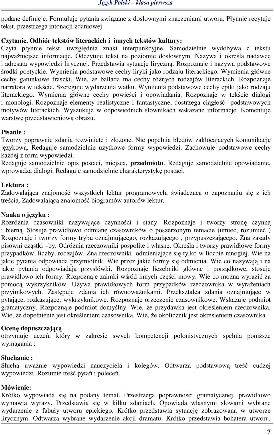 Odczytuje tekst na poziomie dosłownym. Nazywa i określa nadawcę i adresata wypowiedzi lirycznej. Przedstawia sytuację liryczną. Rozpoznaje i nazywa podstawowe środki poetyckie.