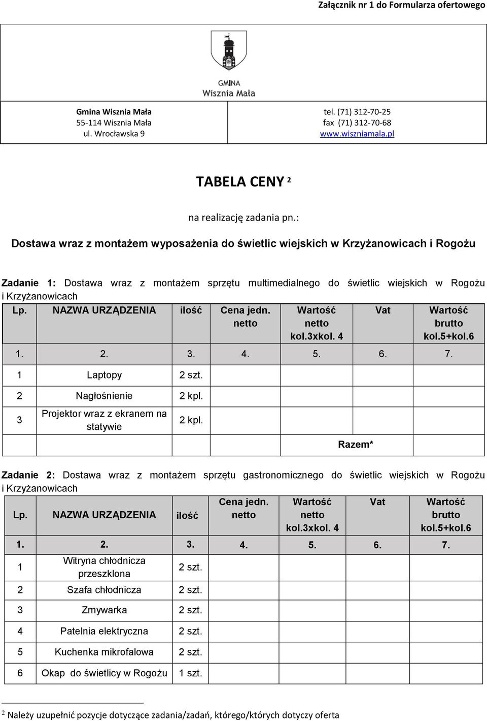 NAZWA URZĄDZENIA ilość Cena jedn. Vat brutto 1 Laptopy 2 Nagłośnienie 2 kpl. 3 Projektor wraz z ekranem na statywie 2 kpl.