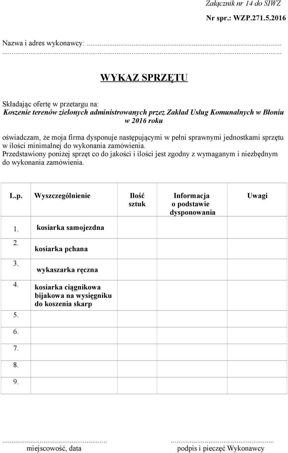 dysponuje następującymi w pełni sprawnymi jednostkami sprzętu w ilości minimalnej do wykonania zamówienia.