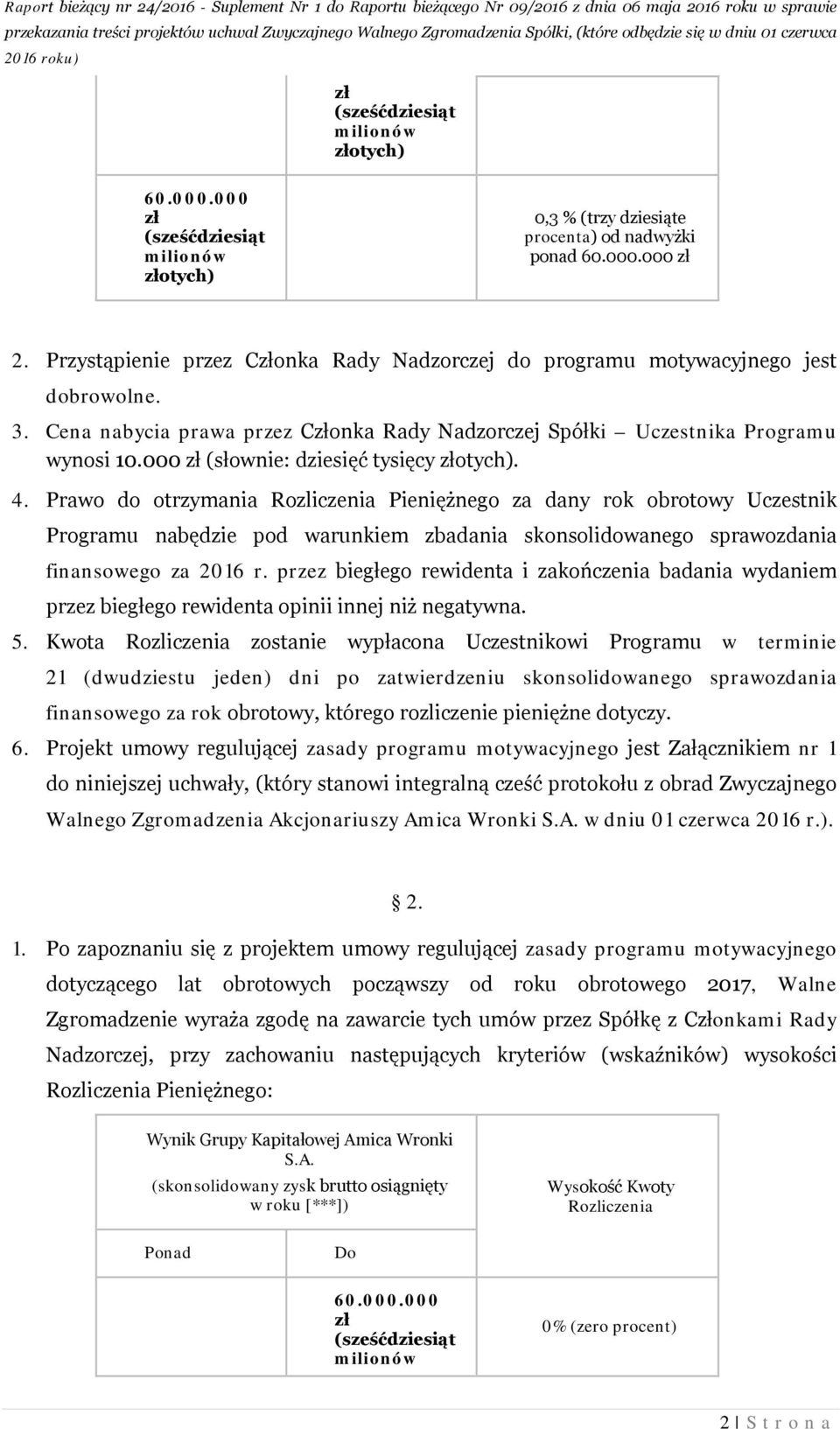 Prawo do otrzymania Rozliczenia Pieniężnego za dany rok obrotowy Uczestnik Programu nabędzie pod warunkiem zbadania skonsolidowanego sprawozdania finansowego za 2016 r.