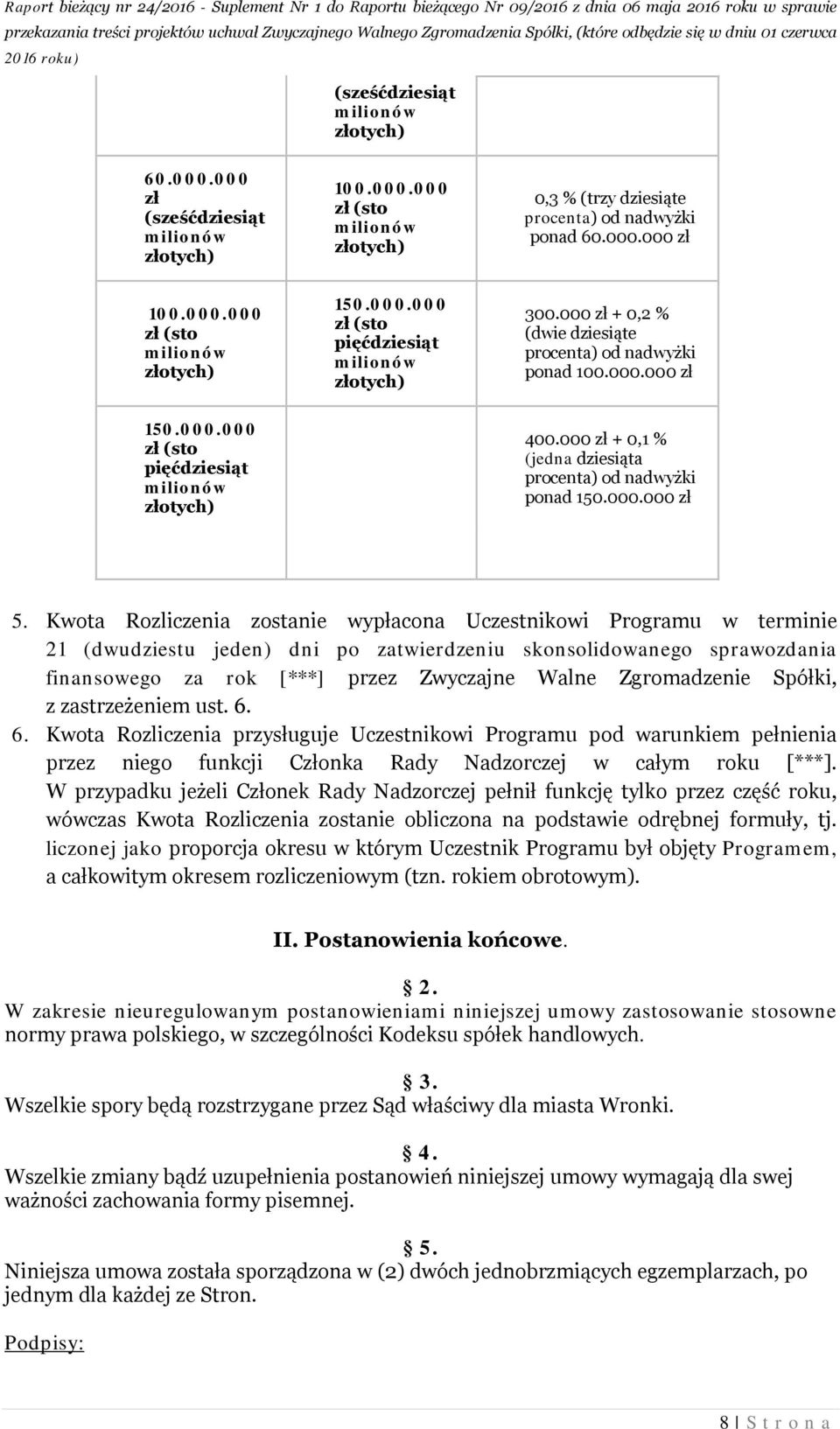 Kwota Rozliczenia zostanie wypłacona Uczestnikowi Programu w terminie 21 (dwudziestu jeden) dni po zatwierdzeniu skonsolidowanego sprawozdania finansowego za rok [***] przez Zwyczajne Walne