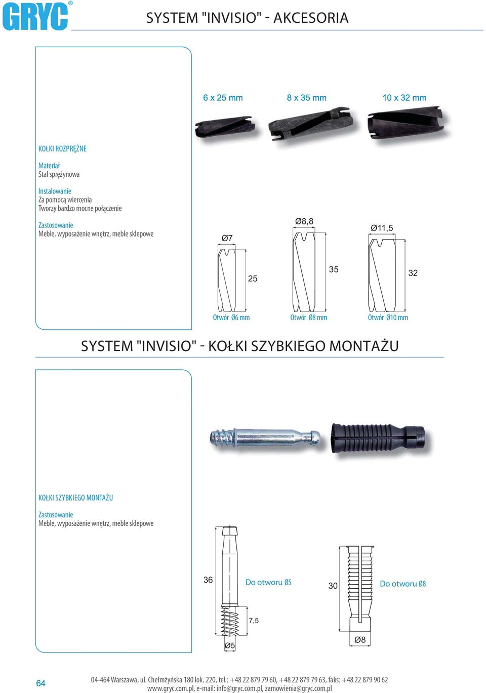 "INVISIO" - KOŁKI SZYBKIEGO MONTŻU KOŁKI SZYBKIEGO MONTŻU Zastosowanie Meble, wyposażenie wnętrz, meble sklepowe 04-464 36 Ø5 nchorbolt Do for otworu drill