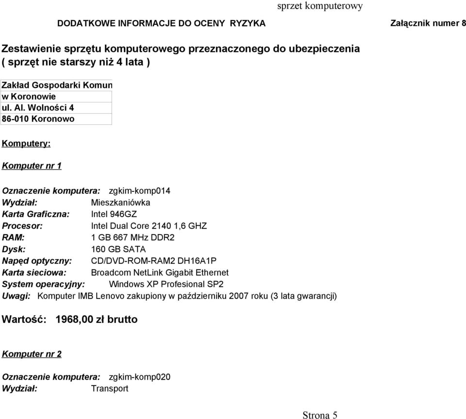 Wolności 4 86-010 Koronowo Komputery: Komputer nr 1 Oznaczenie komputera: zgkim-komp014 Wydział: Mieszkaniówka Karta Graficzna: Intel 946GZ Procesor: Intel Dual Core 2140 1,6 GHZ RAM: 1 GB 667