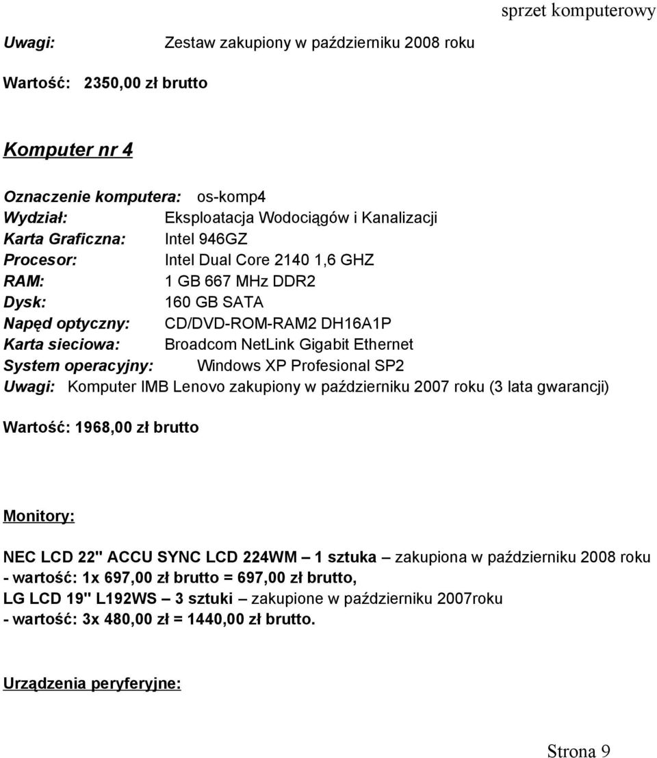 operacyjny: Windows XP Profesional SP2 Uwagi: Komputer IMB Lenovo zakupiony w październiku 2007 roku (3 lata gwarancji) Wartość: 1968,00 zł brutto Monitory: NEC LCD 22" ACCU SYNC LCD 224WM 1 sztuka