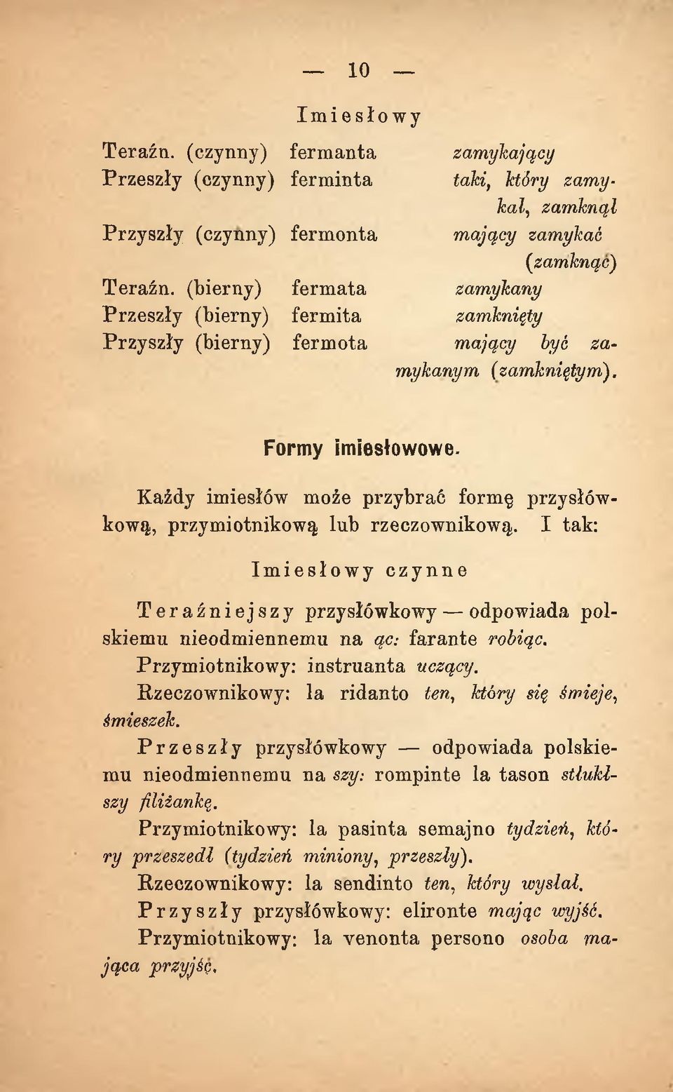 Formy imiesłowowe. Każdy imiesłów może przybrać formę przysłówkową, przym iotnikową lub rzeczownikową. I tak: Imiesłowy czynne Teraźniejszy przysłówkowy odpowiada polskiemu nieodm iennem u na ąc.