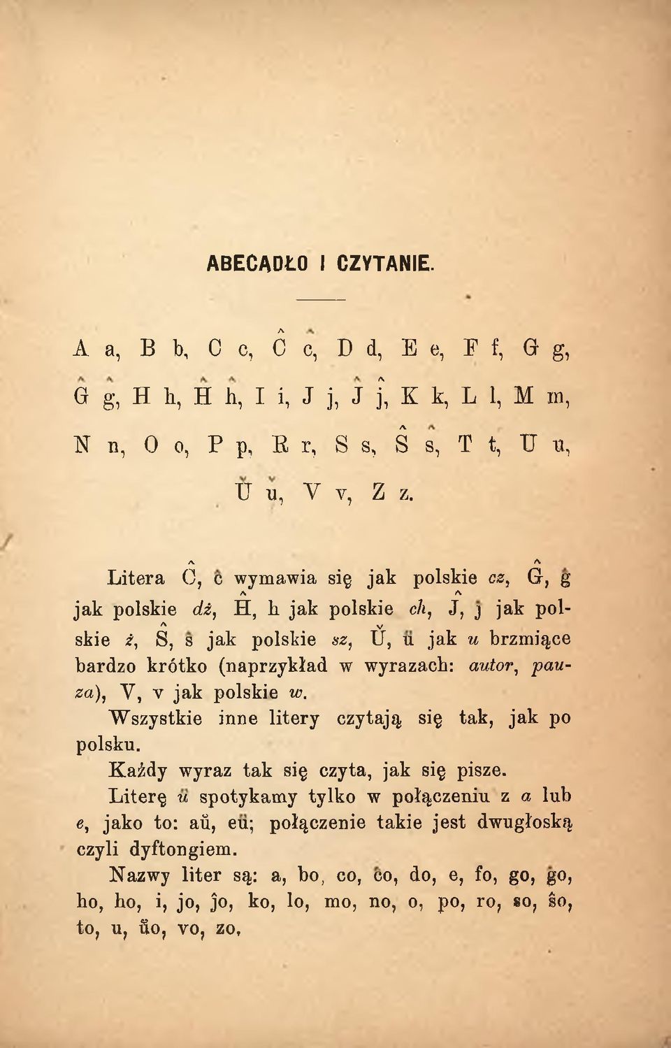 w wyrazach: autor, pauza), Y, v jak polskie w. W szystkie inne litery czytają się tak, jak po polsku. K ażdy wyraz tak się czyta, jak się pisze.