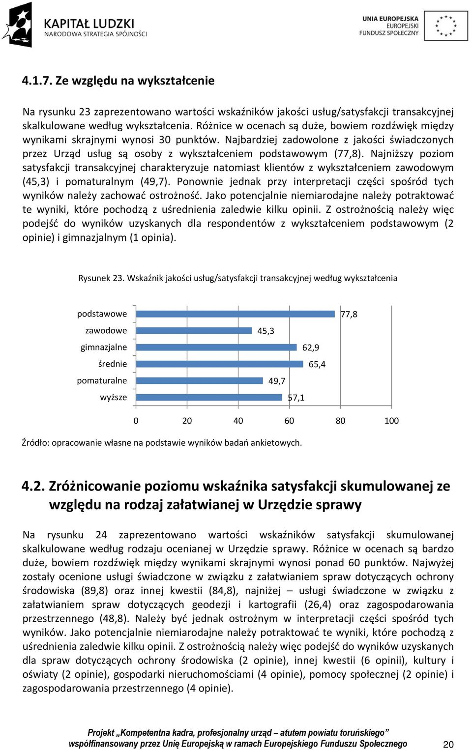 Najniższy poziom satysfakcji transakcyjnej charakteryzuje natomiast klientów z wykształceniem zawodowym (45,3) i pomaturalnym (49,7).