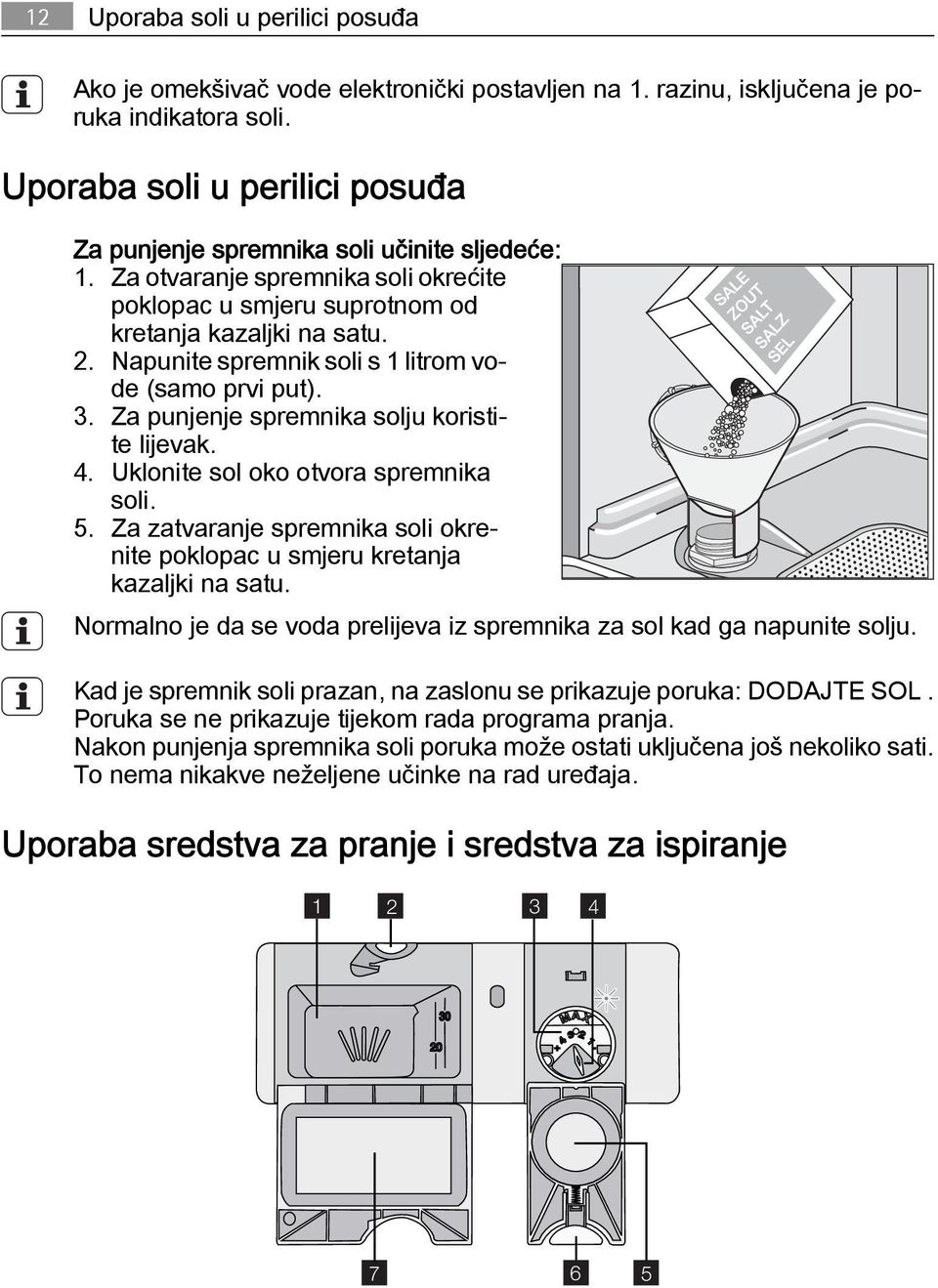 Napunite spremnik soli s 1 litrom vode (samo prvi put). 3. Za punjenje spremnika solju koristite lijevak. 4. Uklonite sol oko otvora spremnika soli. 5.