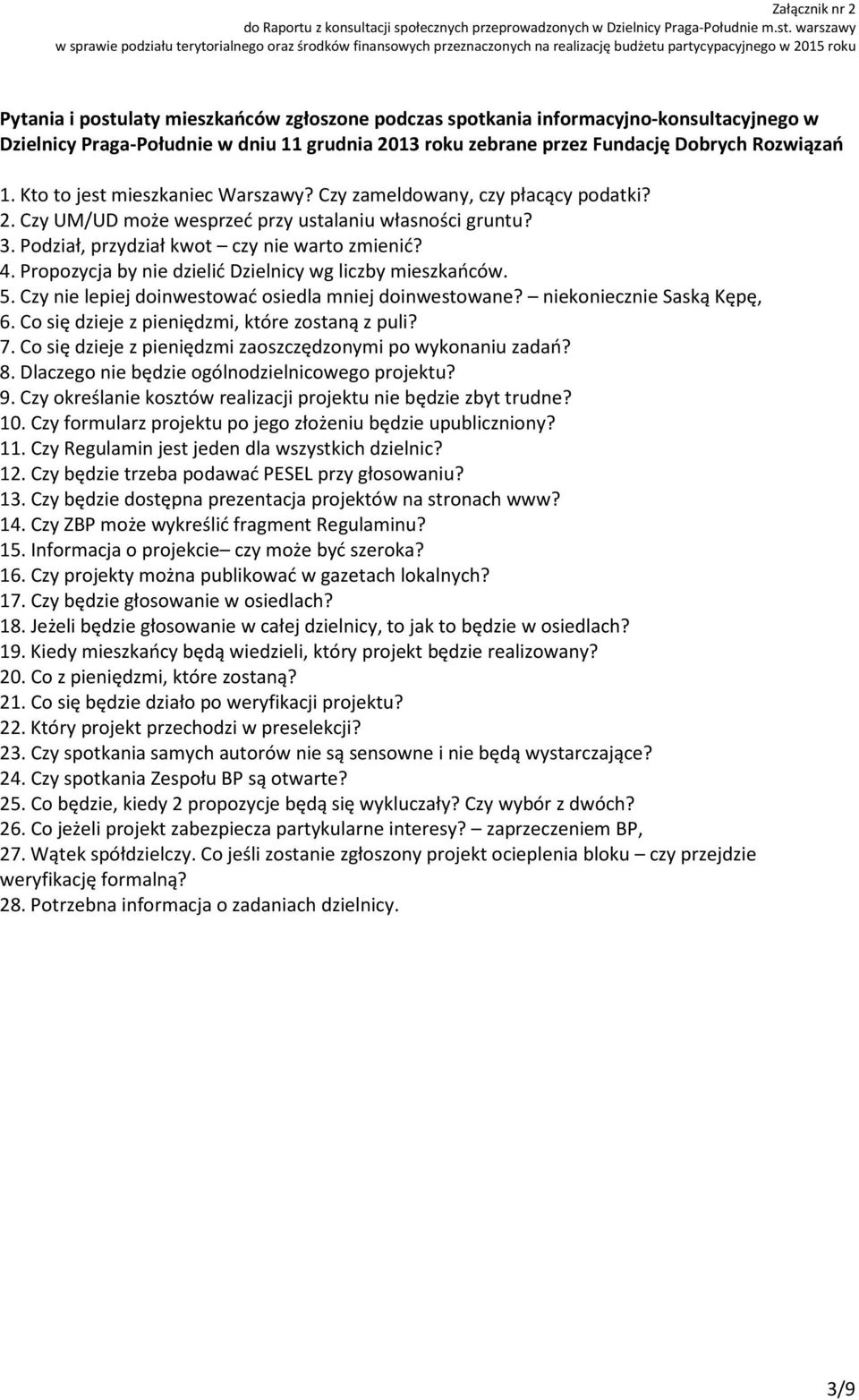 informacyjno-konsultacyjnego w Dzielnicy Praga-Południe w dniu 11 grudnia 2013 roku zebrane przez Fundację Dobrych Rozwiązań 1. Kto to jest mieszkaniec Warszawy? Czy zameldowany, czy płacący podatki?
