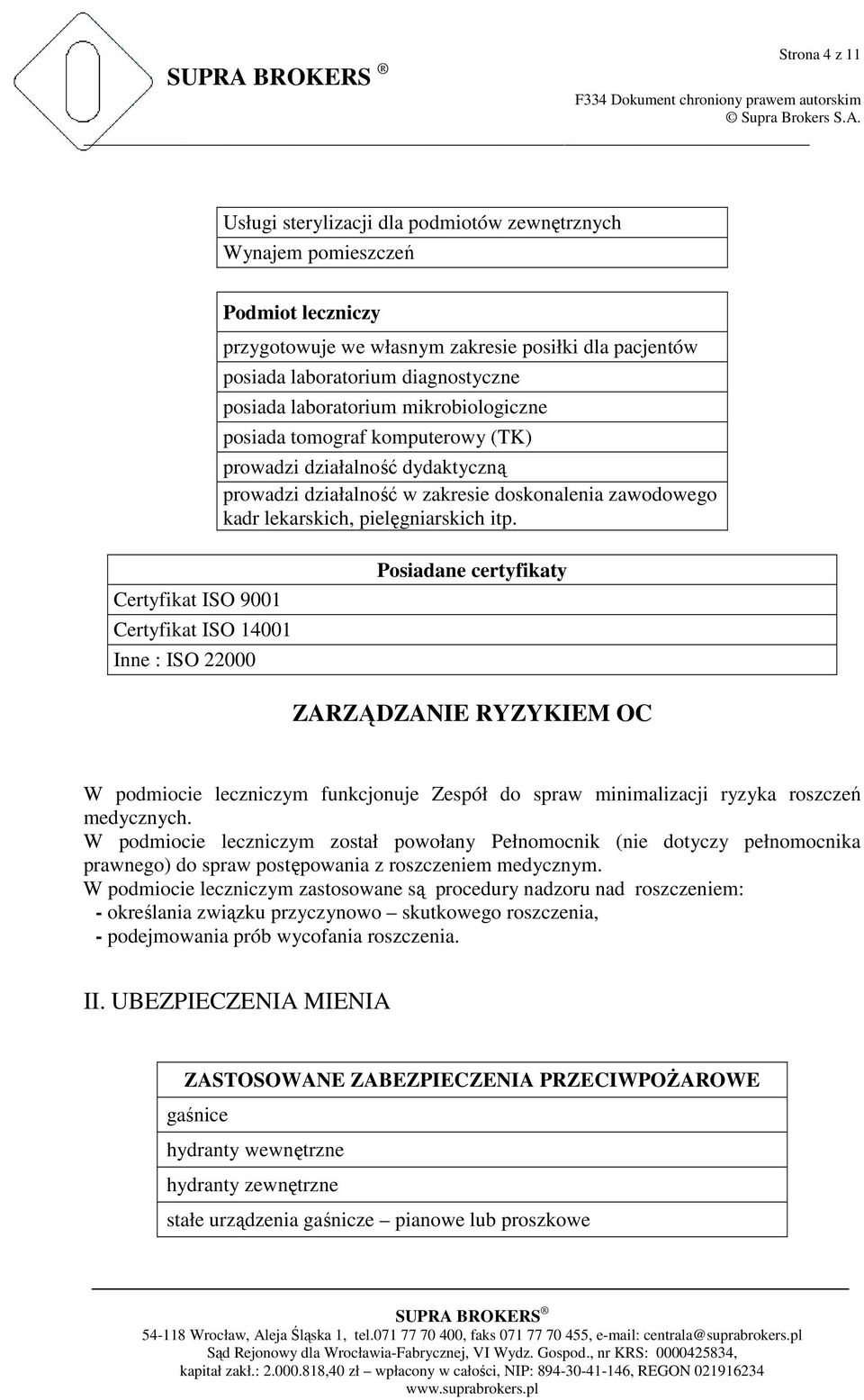 Certyfikat ISO 9001 Certyfikat ISO 14001 Inne : ISO 22000 Posiadane certyfikaty ZARZĄDZANIE RYZYKIEM OC W podmiocie leczniczym funkcjonuje Zespół do spraw minimalizacji ryzyka roszczeń medycznych.