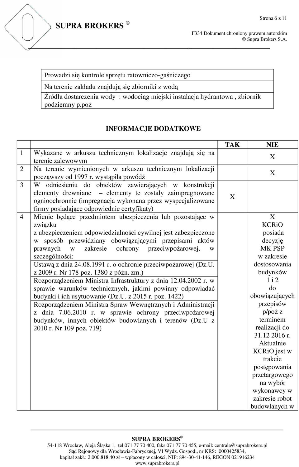 wystąpiła powódź 3 W odniesieniu do obiektów zawierających w konstrukcji elementy drewniane elementy te zostały zaimpregnowane ognioochronnie (impregnacja wykonana przez wyspecjalizowane firmy