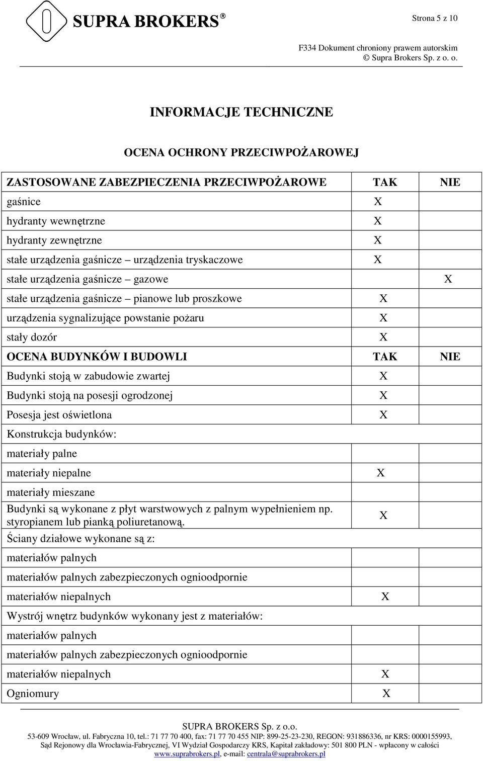 stoją w zabudowie zwartej Budynki stoją na posesji ogrodzonej Posesja jest oświetlona Konstrukcja budynków: materiały palne materiały niepalne materiały mieszane Budynki są wykonane z płyt