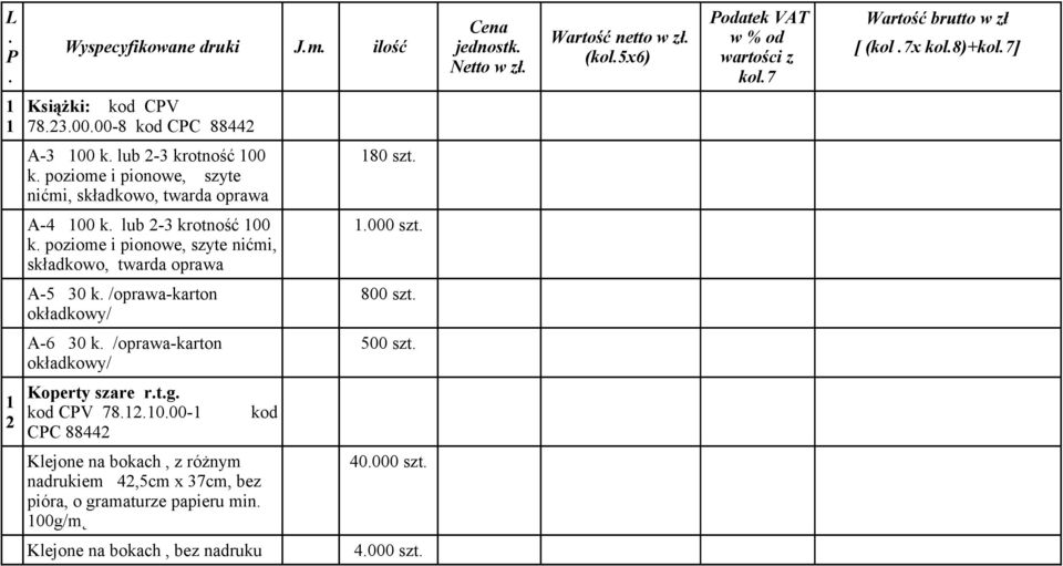 składkowo, twarda oprawa 000 szt A-5 30 k /oprawa-karton okładkowy/ 800 szt A-6 30 k /oprawa-karton okładkowy/ 500 szt 2 Koperty szare rtg kod CV 782000-